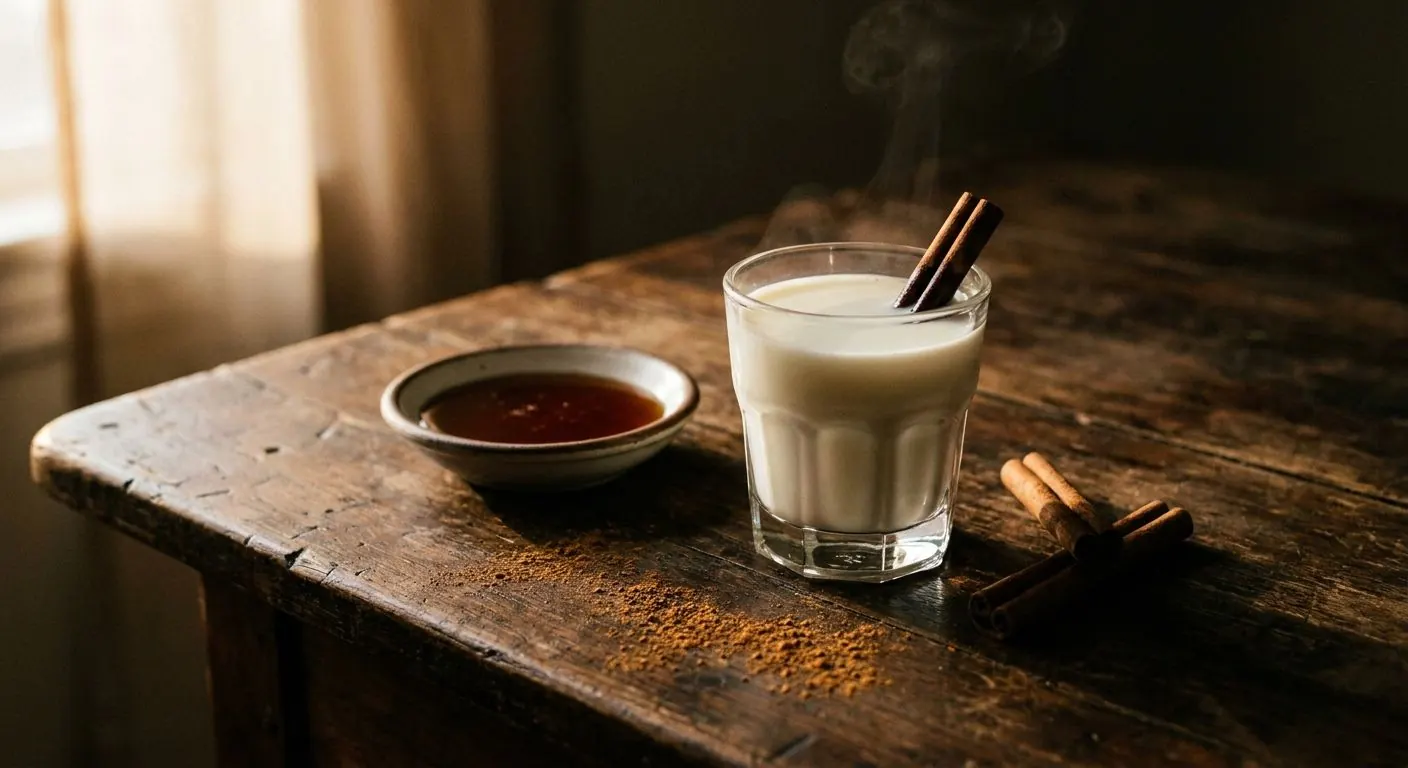 A glass of warm milk with two cinnamon quills, beside a shallow dish of dark amber honey on a worn wooden table