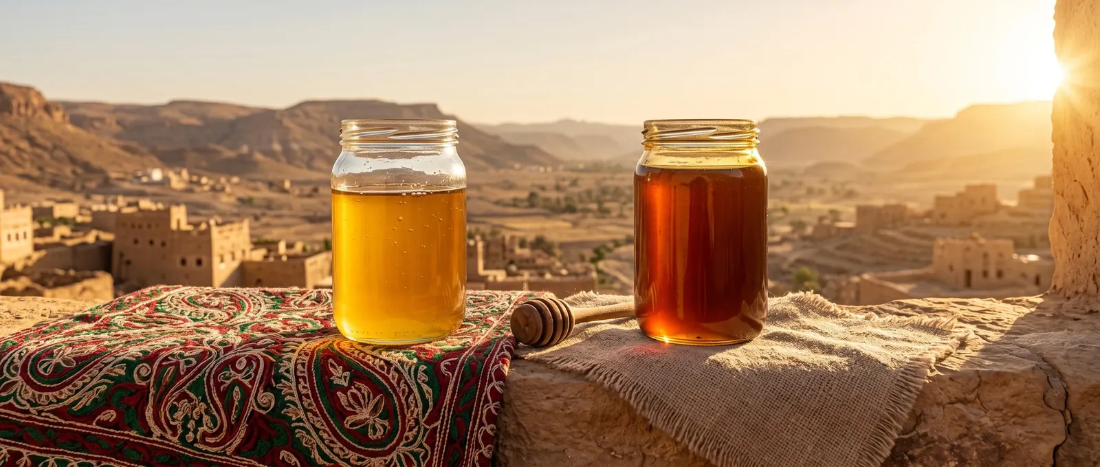 A jar of light golden honey on an embroidered Kashmiri paisley cloth beside a jar of darker amber honey on rough linen, an arid valley behind them