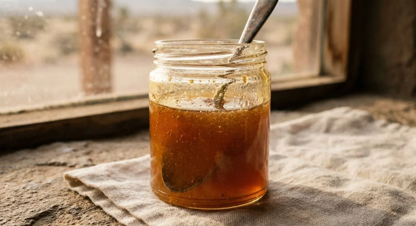 A jar of thick unfiltered amber honey on a windowsill, backlit so the suspended bubbles and traces of wax are visible