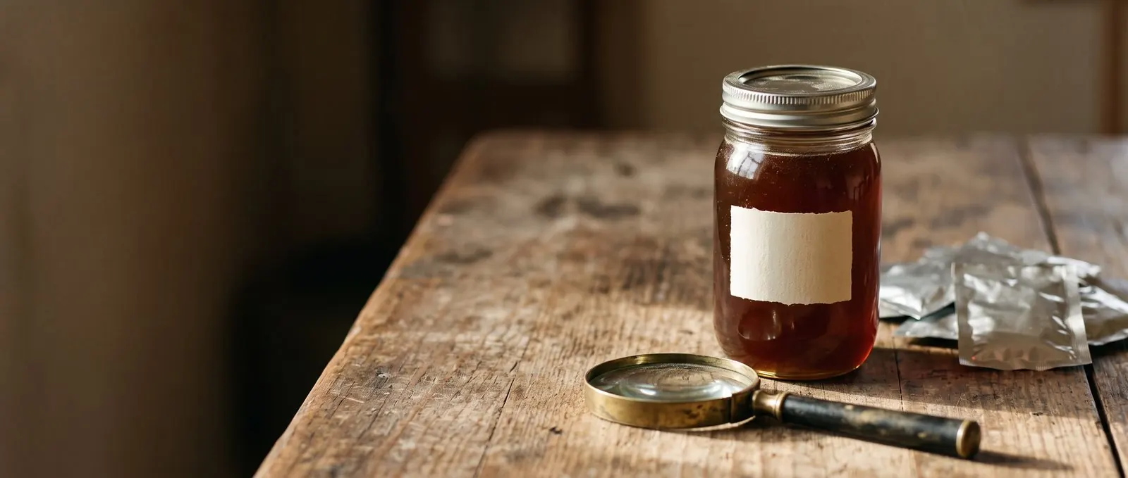 A jar of dark amber honey with a blank label on a worn wooden table, a brass magnifying glass and a few unprinted foil sachets beside it