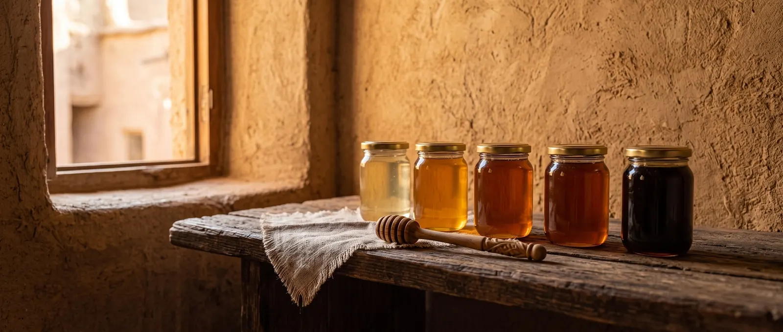 Five unlabeled jars of honey in a row on a rustic wooden bench, shading from pale gold to near-black, with a wooden honey dipper on linen in front