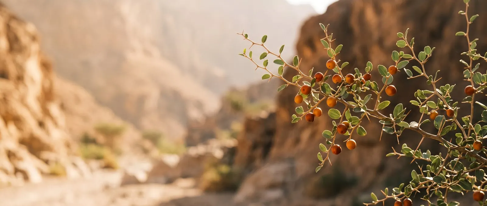 A thorny Sidr branch with small oval leaves and ripening orange fruit, backlit against the rock walls of a dry Yemeni valley
