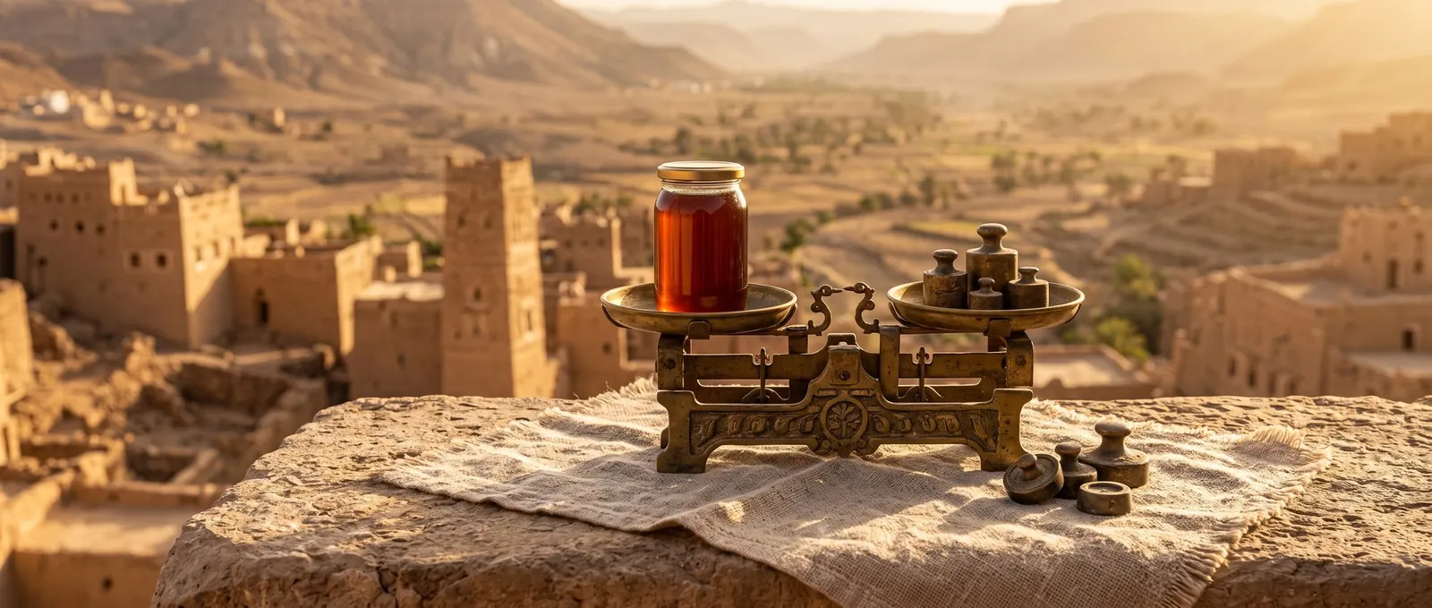 A small jar of dark amber honey on one pan of antique brass balance scales on a stone ledge, mud-brick towers of a Yemeni valley in the distance
