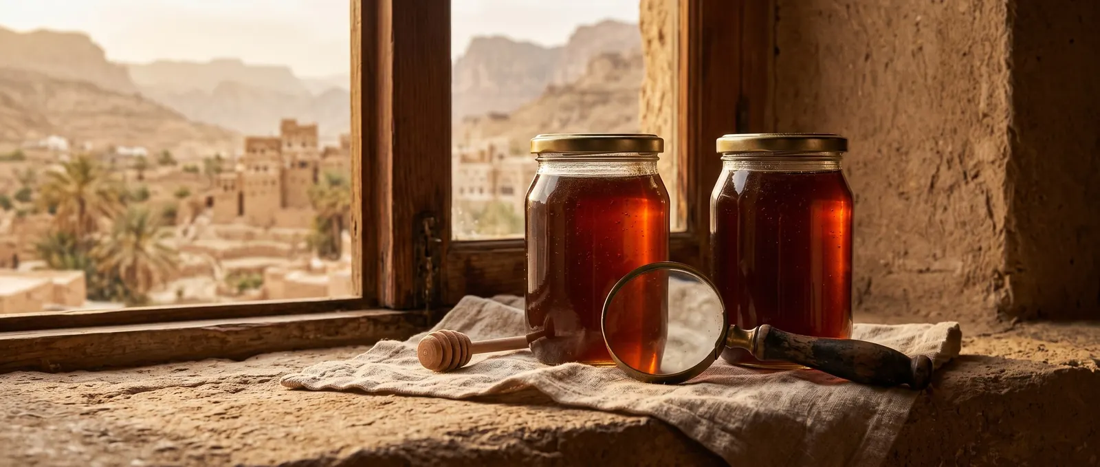 Two unlabeled jars of dark amber honey on a stone windowsill with an antique brass magnifying glass between them, an arid Yemeni valley outside the window
