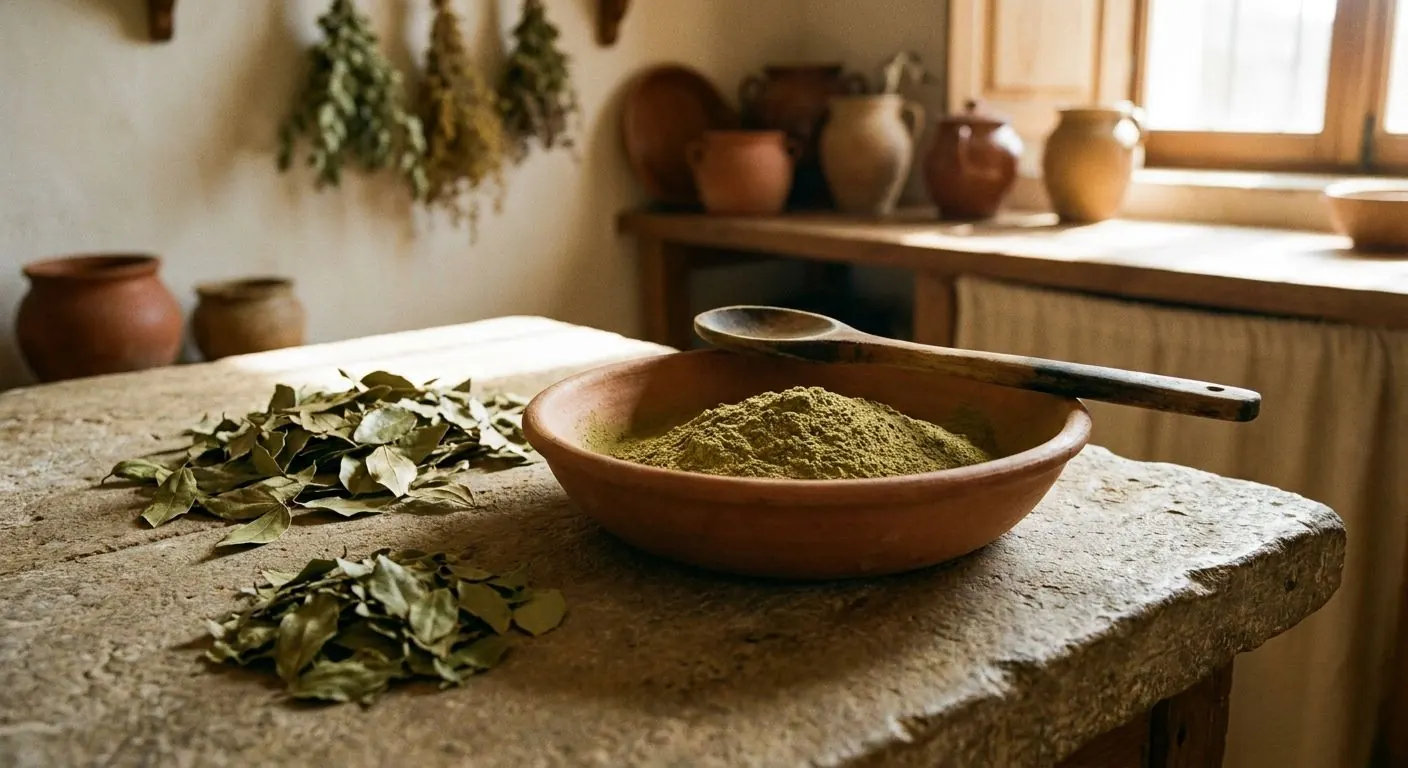 A clay bowl of finely ground green Sidr leaf powder beside piles of dried Ziziphus leaves on a stone worktop