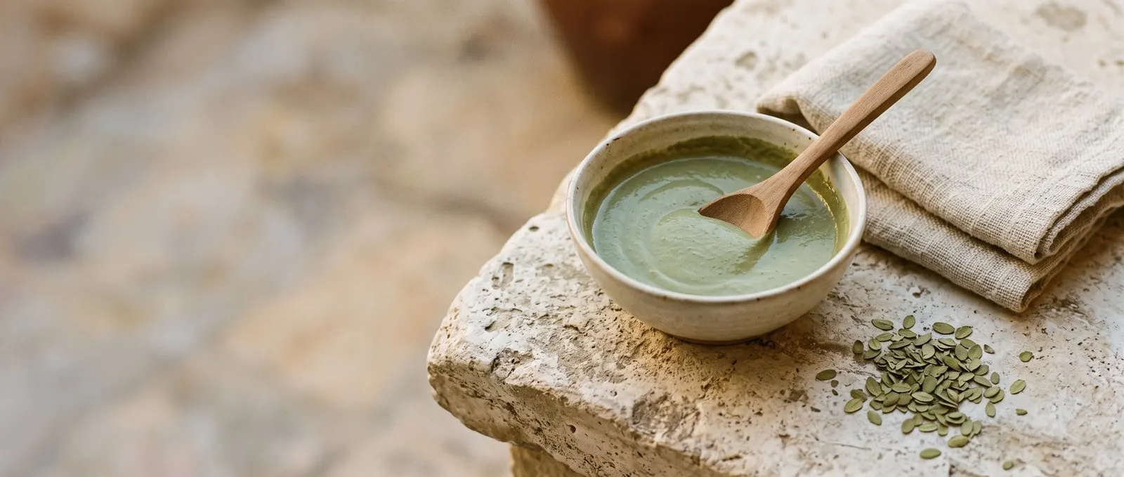 A ceramic bowl of smooth sage-green Sidr leaf paste with a wooden spoon on a weathered stone ledge, a folded linen towel and dried Sidr leaves beside it