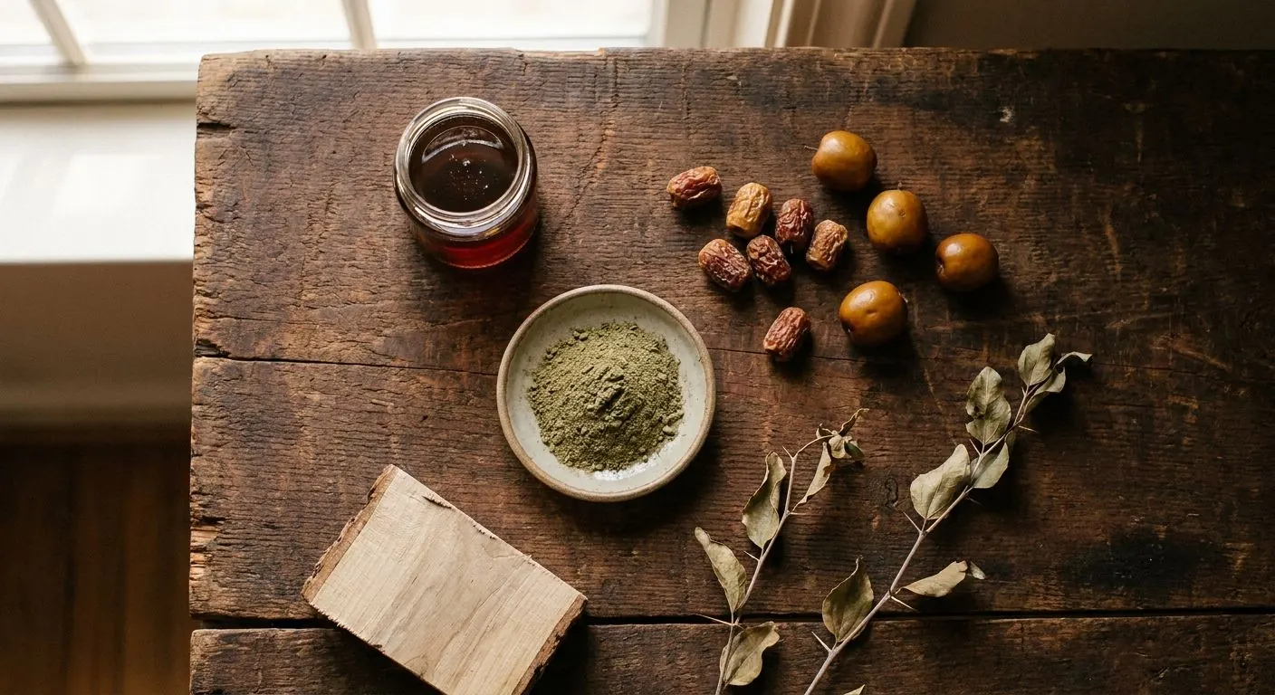 Overhead view of the four things a Sidr tree yields — a jar of honey, ground leaf powder, dried and fresh fruit, and a piece of timber