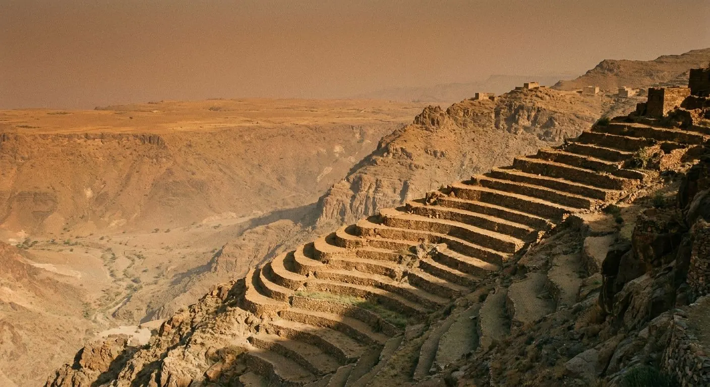 Ancient stone agricultural terraces stepping down a steep Yemeni mountainside towards a deep valley