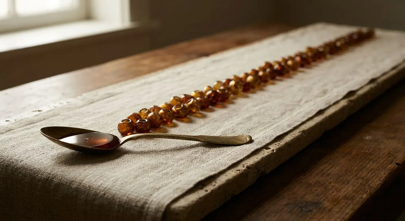 A brass spoon holding one measure of honey, beside a line of ninety small amber beads running away down a linen runner