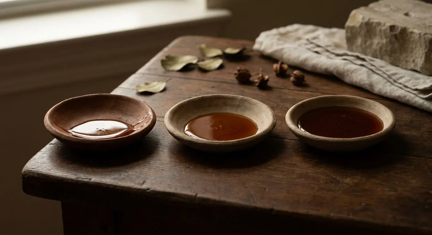 Three clay dishes in a row, each holding visibly more honey than the last