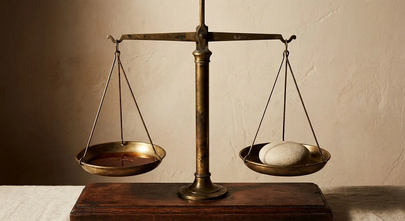An aged brass balance scale hanging perfectly level, a pool of honey in one pan and a pale stone in the other