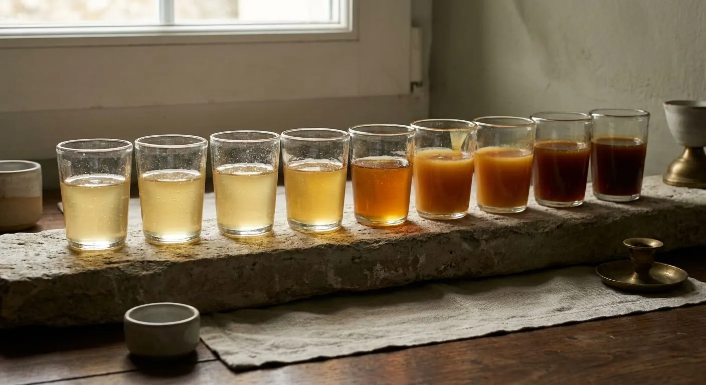 Nine glasses of honey in a row, graded from pale watery gold at one end to dense mahogany at the other
